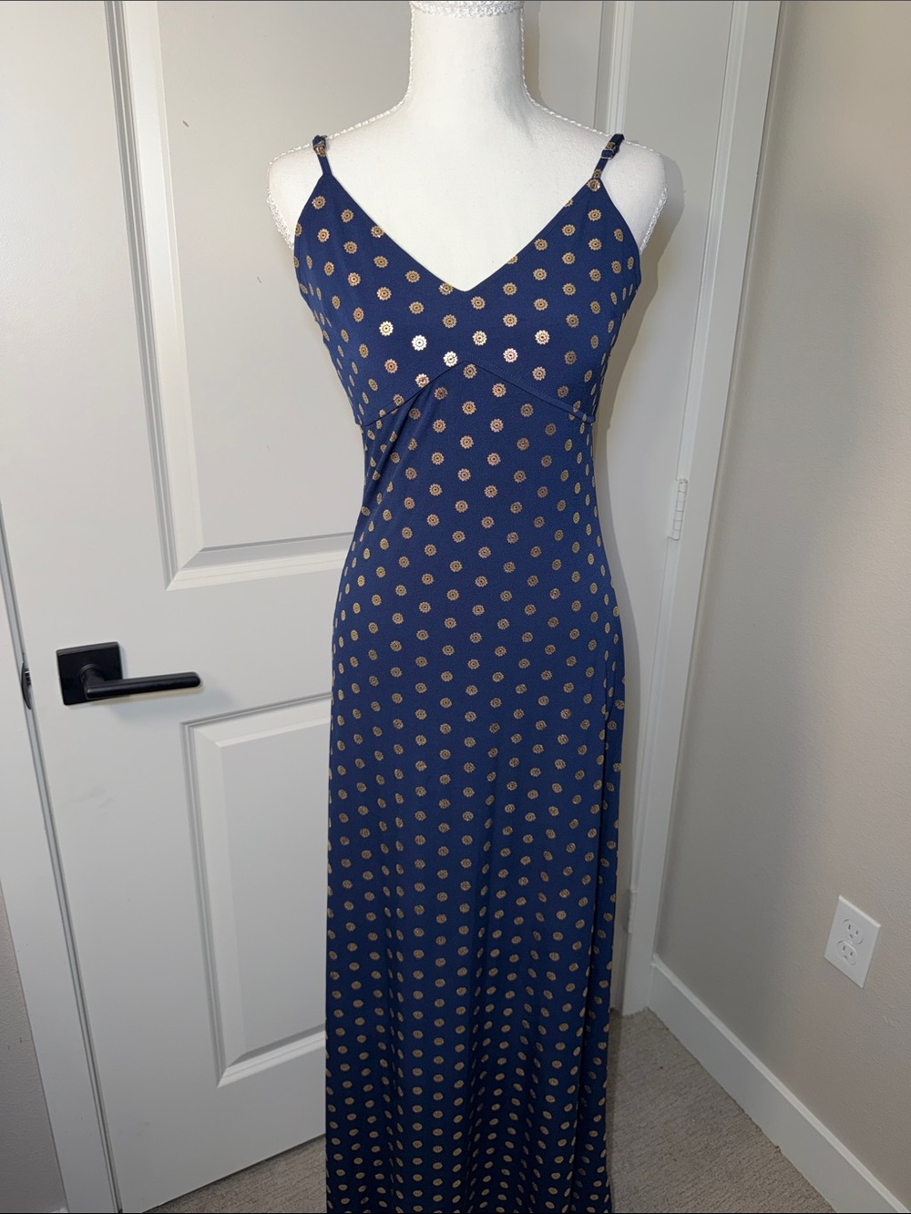 Navy Metallic Dot Maxi Dress with V-Neck